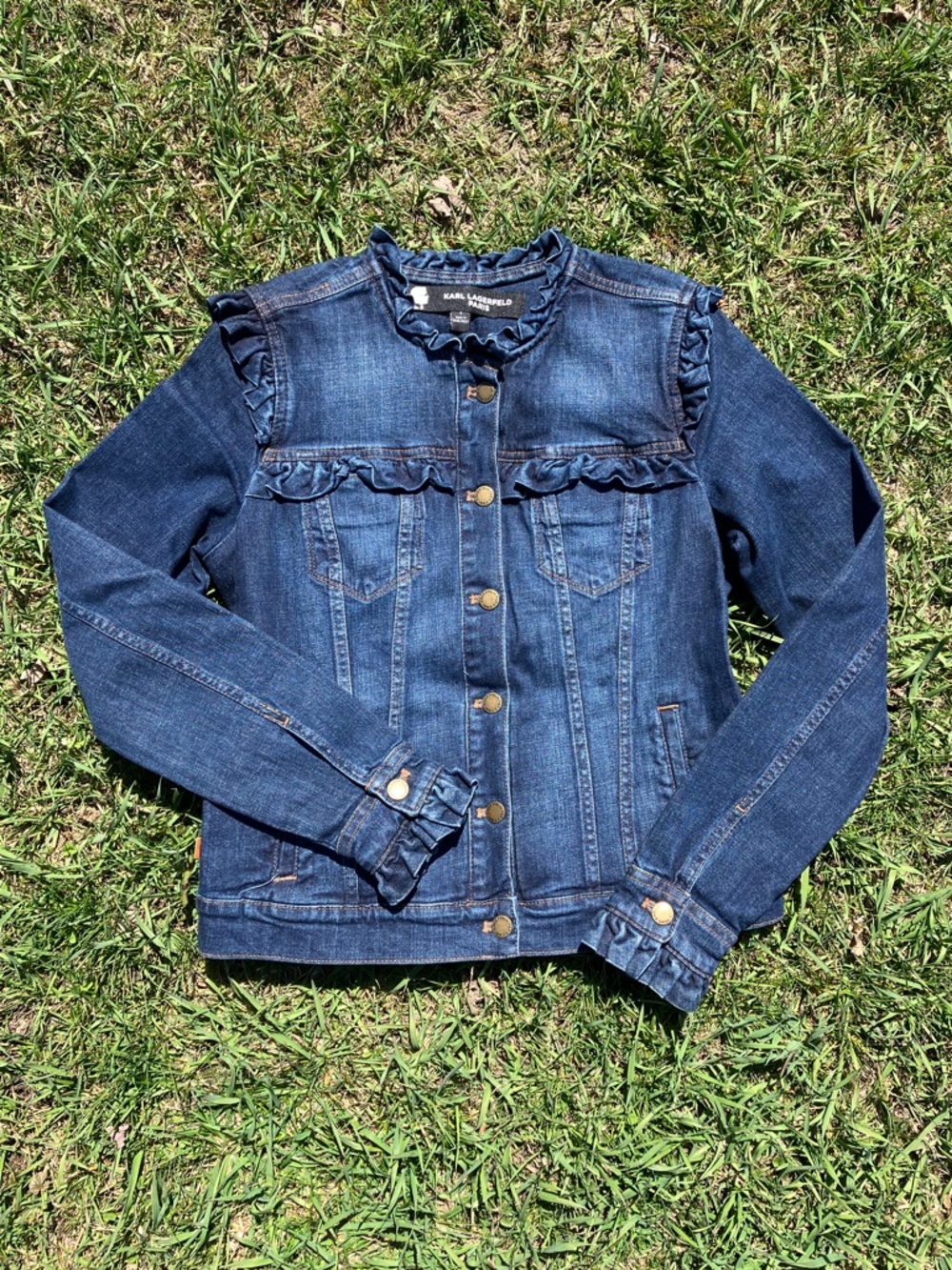 Whimsical Karl Lagerfeld Paris Dark Blue Ruffle-Trim Denim Jacket Sz. Small